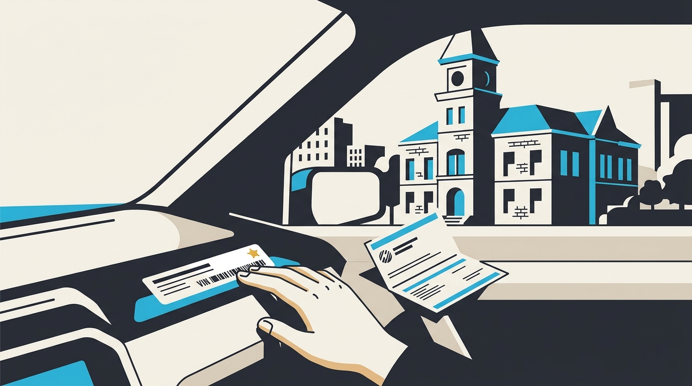A Macon driver checking their vehicle's VIN on the dashboard next to an insurance card to search for a Bibb County accident report without a report number.