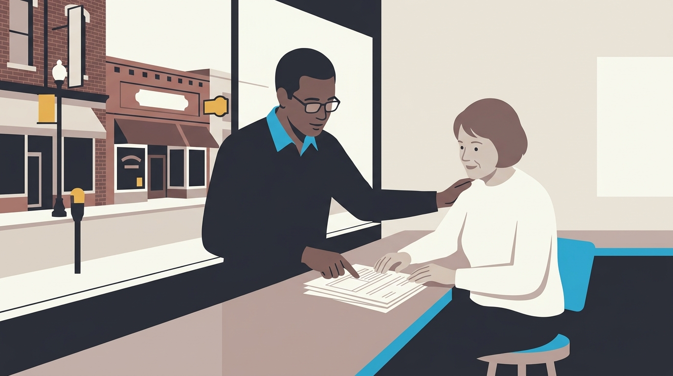 An adult helping an older family member review a printed Macon-Bibb car accident report at a records counter, with downtown Macon in the background.