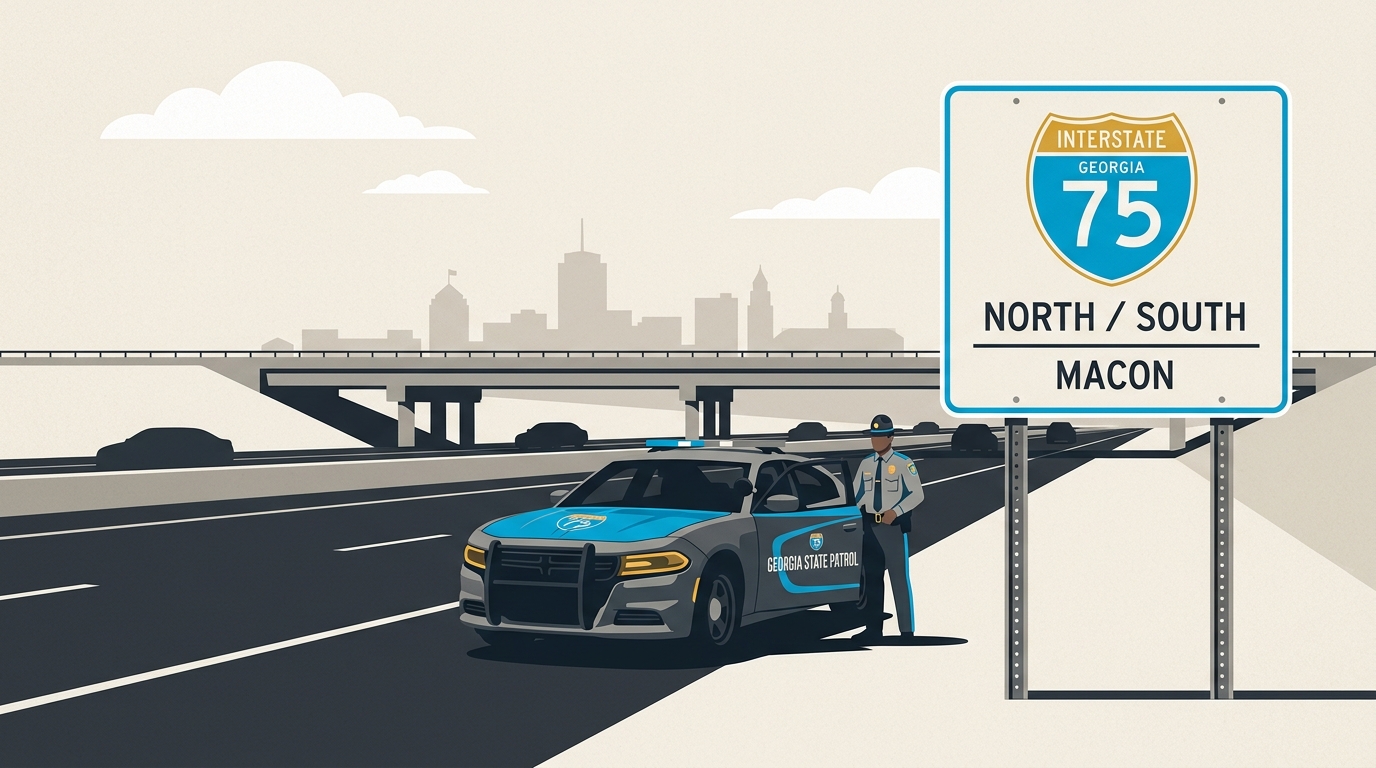 A trooper's patrol car with I-75 highway signage near Macon, representing how to get a Georgia State Patrol interstate crash report