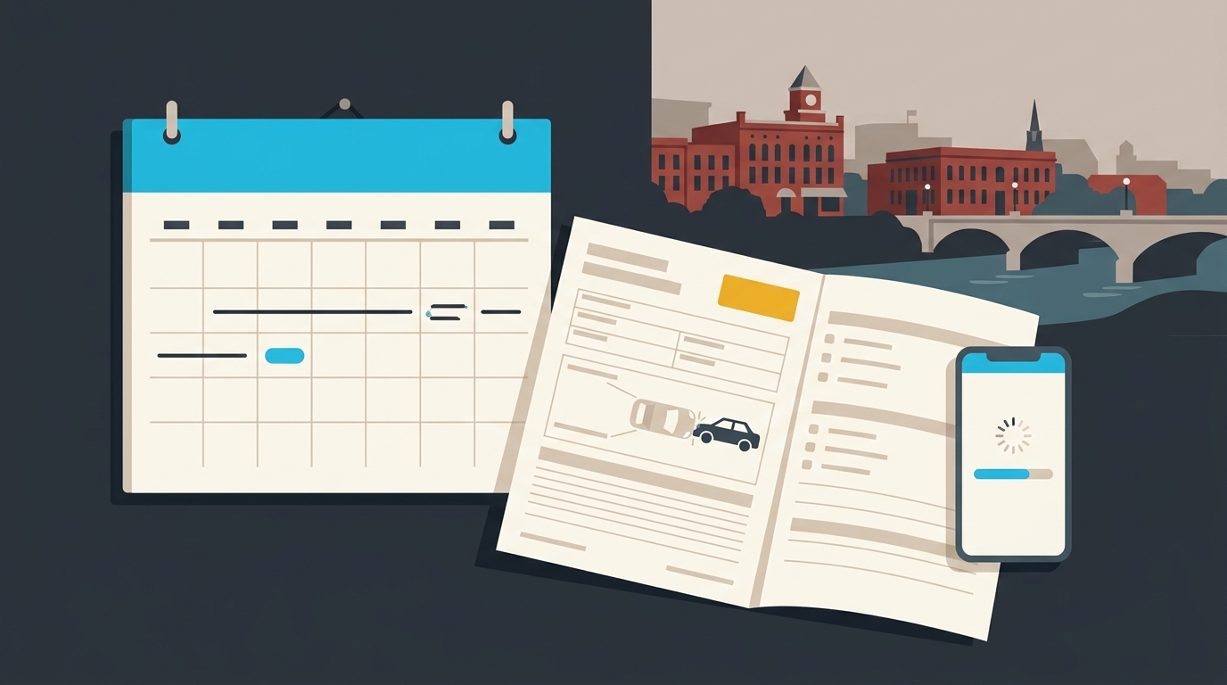 A calendar counting business days beside a printed Georgia car accident report and a smartphone open to BuyCrash, illustrating how long it takes to get a car accident report in Macon.