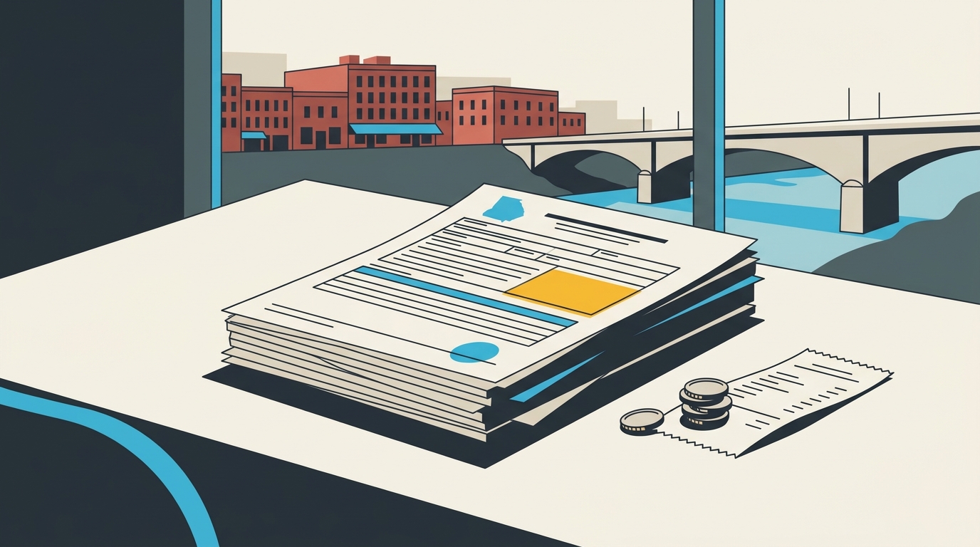A stack of Georgia Uniform Motor Vehicle Accident Report pages next to coins and a receipt, representing the real Macon car accident report cost, with downtown Macon's Ocmulgee River bridge in the background.