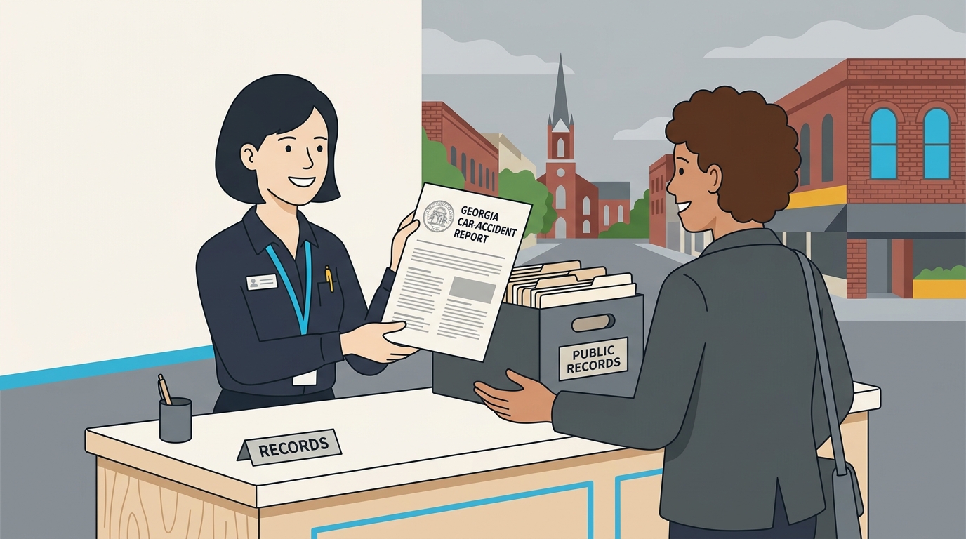 A Bibb County Sheriff's Office records clerk handing a Georgia Uniform Motor Vehicle Accident Report across the counter at Central Records in downtown Macon, with an open public-records file box nearby.