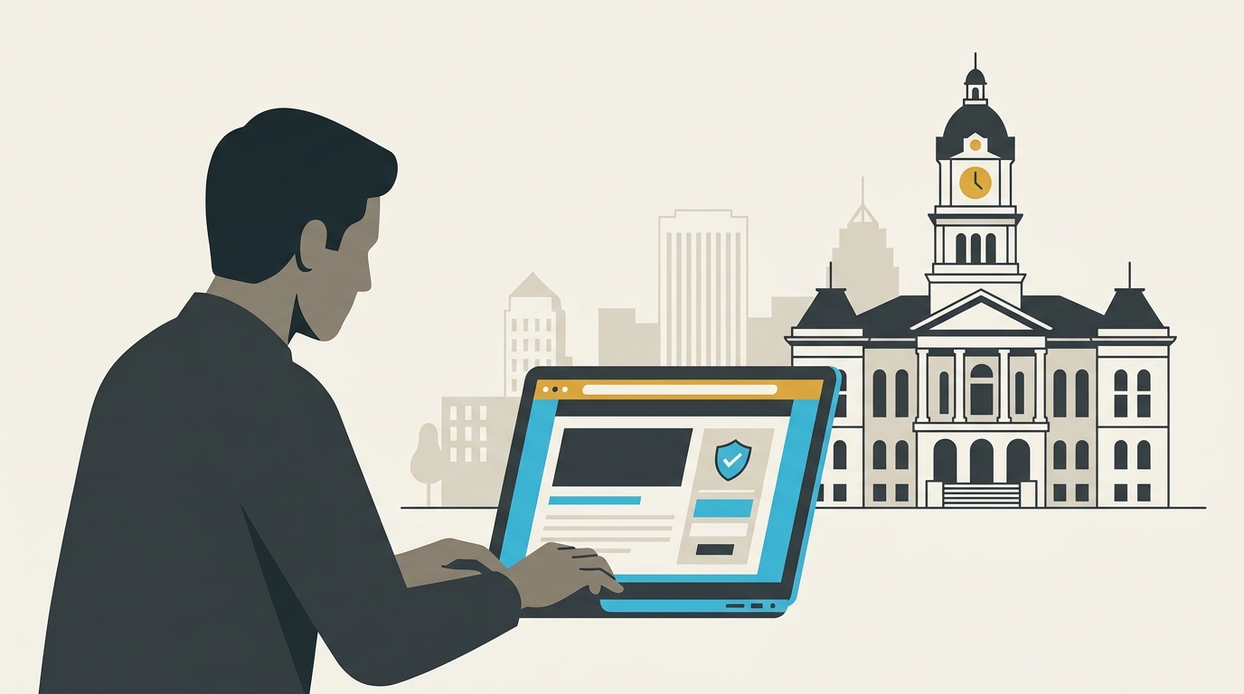 Macon-Bibb County driver checking whether the BuyCrash website is legitimate and safe before ordering a Georgia accident report on a laptop, with the historic Bibb County Courthouse and downtown Macon skyline in the background