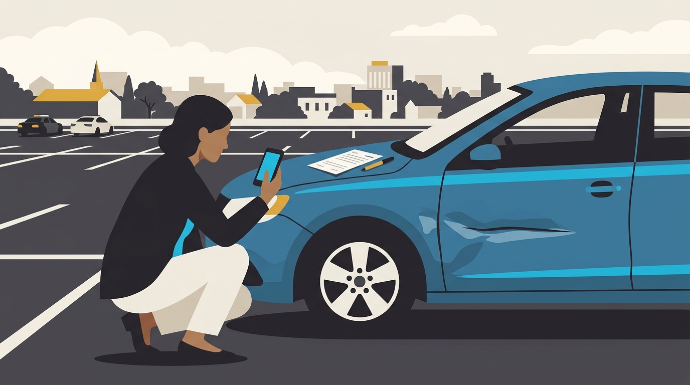A Macon-Bibb driver crouched beside a dented car in a parking lot near downtown Macon, photographing the damage on a phone with no police cruiser in sight, an SR-13 self-report form resting on the hood.