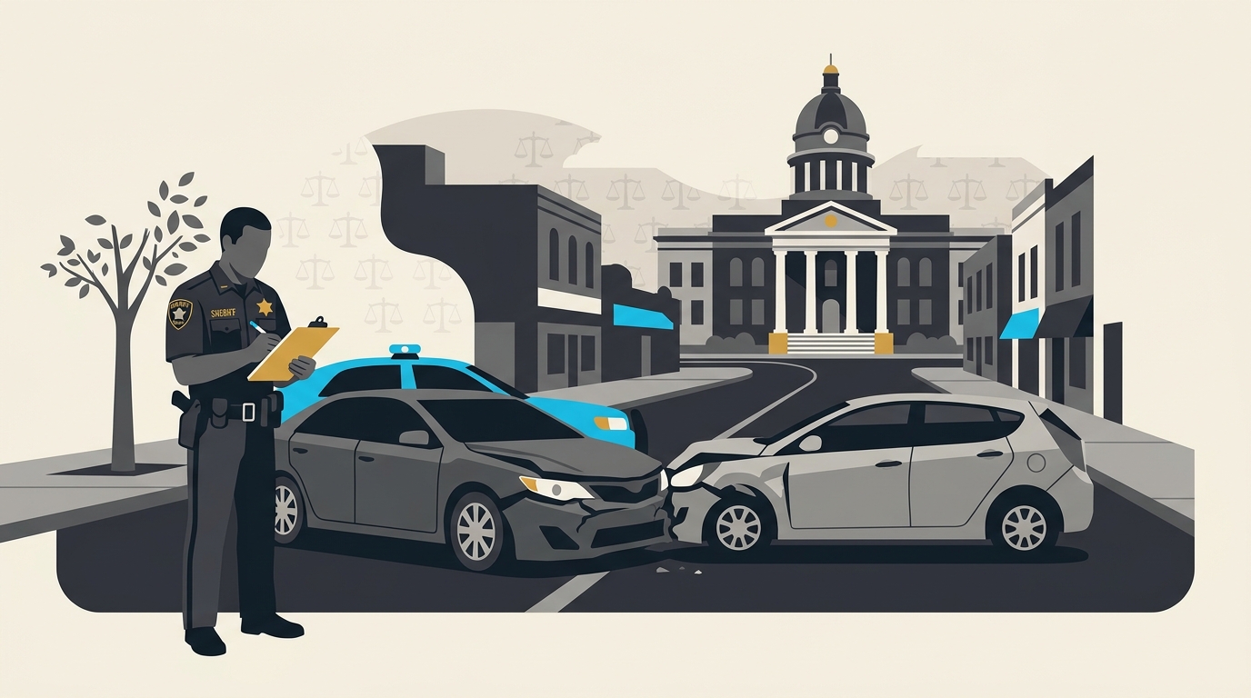 A Bibb County Sheriff's deputy writing notes beside two damaged cars on a Macon street, with a Georgia Uniform Motor Vehicle Accident Report and a courthouse in the background representing who decides fault.